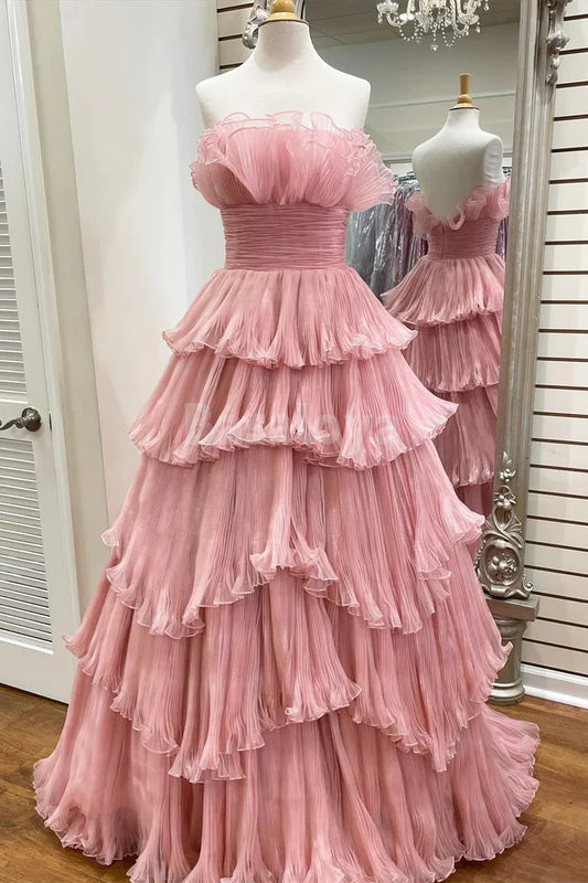 SP0069 Glamorous Pink Tube Top A-Line Tiered Lace Prom Dress Evening Gown