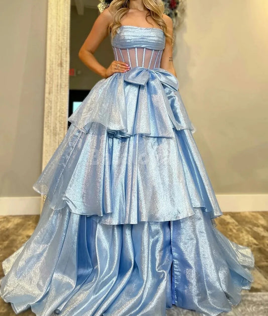 SP0070 Graceful Blue Strapless A-Line Tiered Ball Gown Prom Dress with Bow