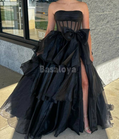 SP0070 Graceful Blue Strapless A-Line Tiered Ball Gown Prom Dress with Bow