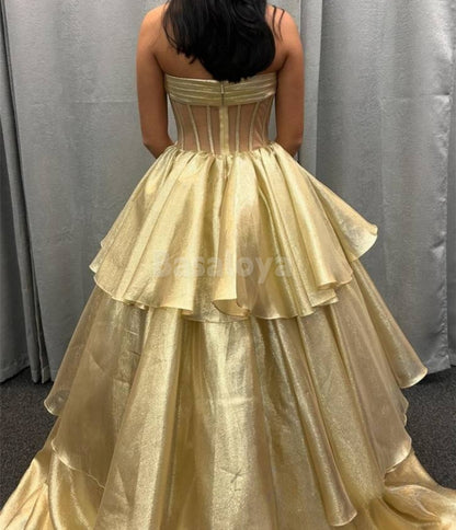 SP0070 Graceful Blue Strapless A-Line Tiered Ball Gown Prom Dress with Bow