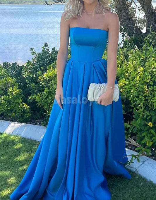 SP0071 Elegant Blue Tube Top A-Line Pleated Satin Prom Formal Dress