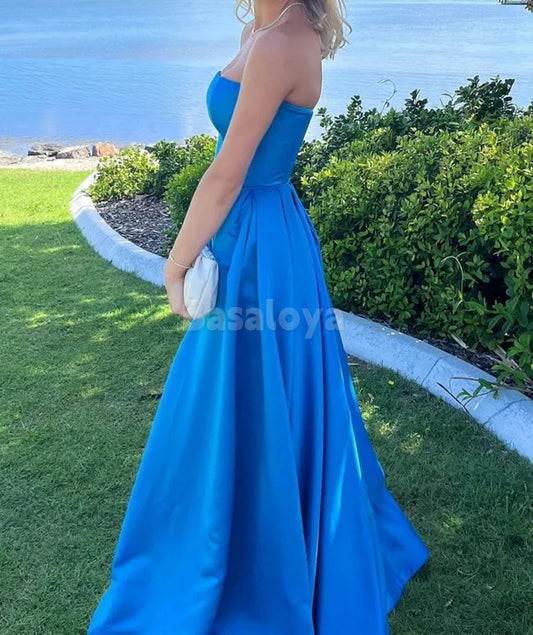 SP0071 Elegant Blue Tube Top A-Line Pleated Satin Prom Formal Dress