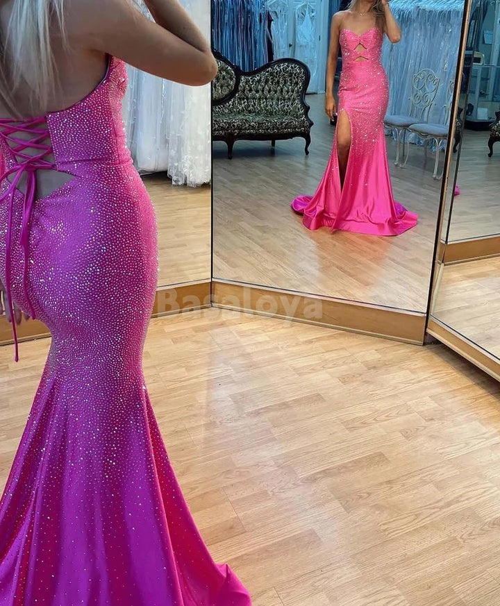 SP0072 Stunning Fuchsia Sweetheart Mermaid Prom Dress with Beaded