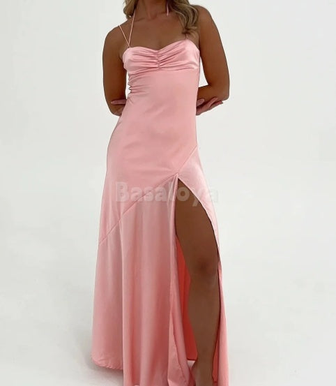 SP0073 Simple Pink Spaghetti Straps Maxi Dress Prom Dress with Slit