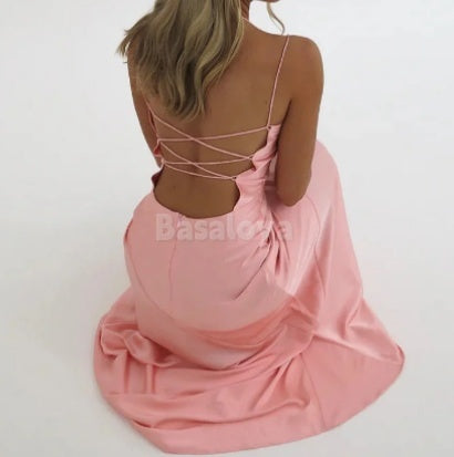SP0073 Simple Pink Spaghetti Straps Maxi Dress Prom Dress with Slit