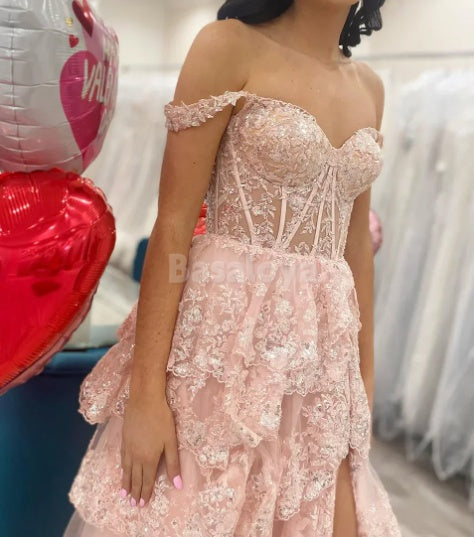 SP0074 Luxury Royal Blue Off-Shoulder A-Line Tiered Prom Dress with Applique