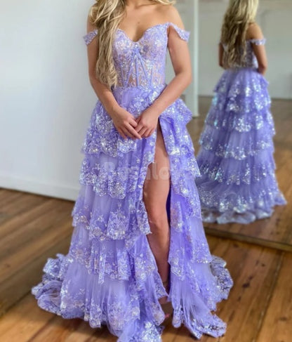 SP0074 Luxury Royal Blue Off-Shoulder A-Line Tiered Prom Dress with Applique