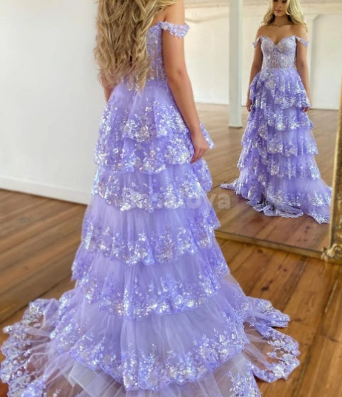 SP0074 Luxury Royal Blue Off-Shoulder A-Line Tiered Prom Dress with Applique