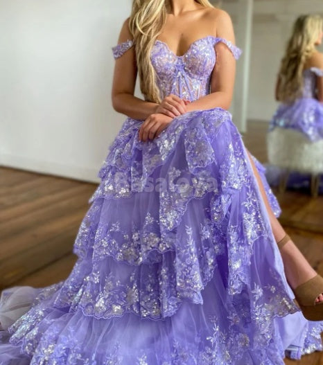 SP0074 Luxury Royal Blue Off-Shoulder A-Line Tiered Prom Dress with Applique