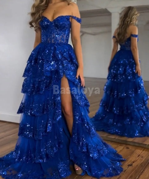 SP0074 Luxury Royal Blue Off-Shoulder A-Line Tiered Prom Dress with Applique