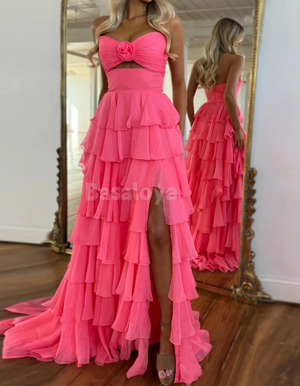 SP0077 Elegant Black&White Sweetheart A-Line Tiered Prom Dress with Slit