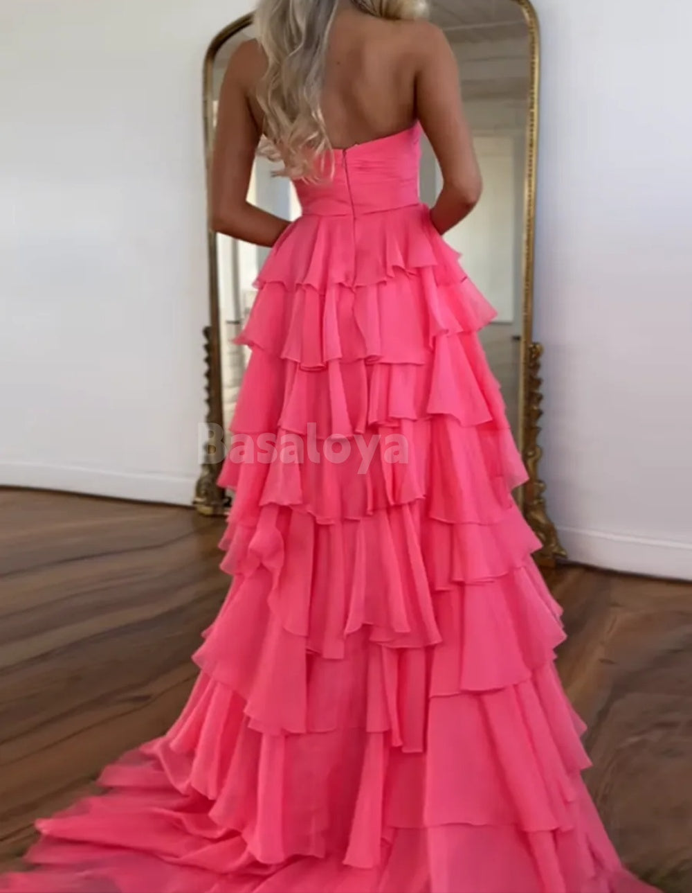 SP0077 Elegant Black&White Sweetheart A-Line Tiered Prom Dress with Slit