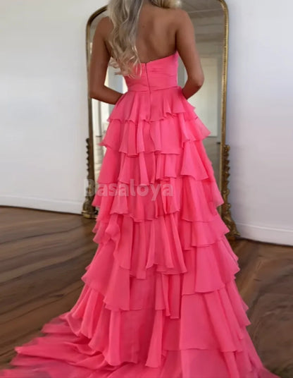 SP0077 Elegant Black&White Sweetheart A-Line Tiered Prom Dress with Slit