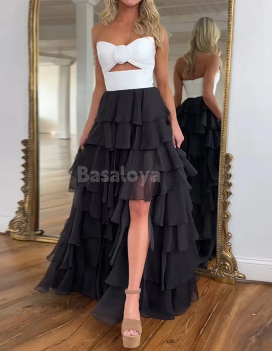 SP0077 Elegant Black&White Sweetheart A-Line Tiered Prom Dress with Slit