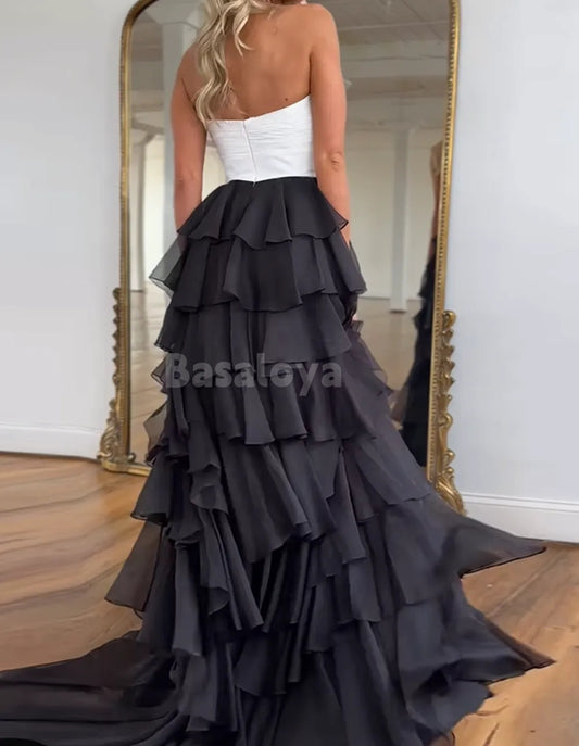SP0077 Elegant Black&White Sweetheart A-Line Tiered Prom Dress with Slit