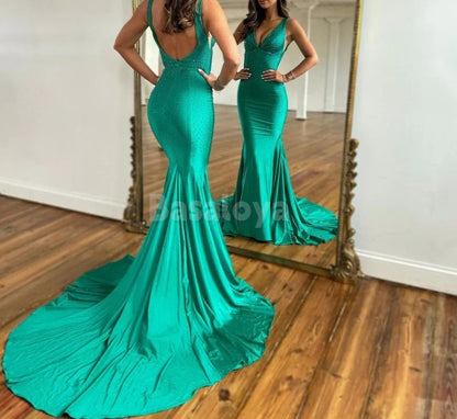 SP0078 Luxury White V-Neck Straps Mermaid Beaded Prom Dress with Train