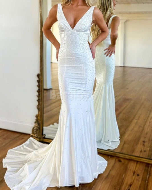 SP0078 Luxury White V-Neck Straps Mermaid Beaded Prom Dress with Train