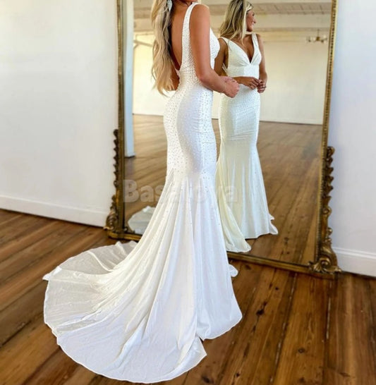 SP0078 Luxury White V-Neck Straps Mermaid Beaded Prom Dress with Train