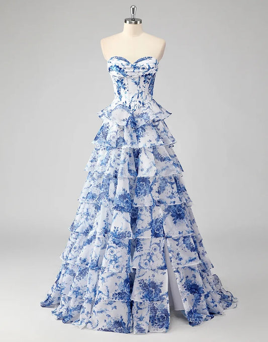 SP0079 Elegant Blue Printed A-Line Tiered Ball Gown Prom Dress with Slit