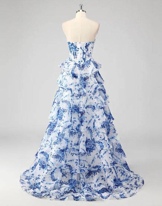 SP0079 Elegant Blue Printed A-Line Tiered Ball Gown Prom Dress with Slit