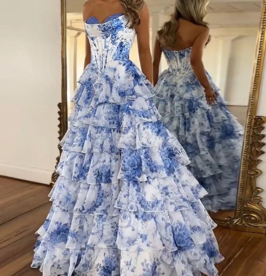 SP0079 Elegant Blue Printed A-Line Tiered Ball Gown Prom Dress with Slit