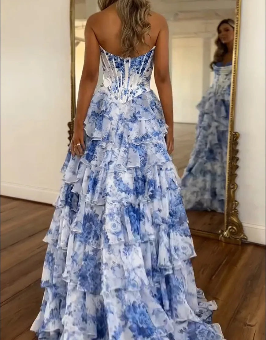SP0079 Elegant Blue Printed A-Line Tiered Ball Gown Prom Dress with Slit