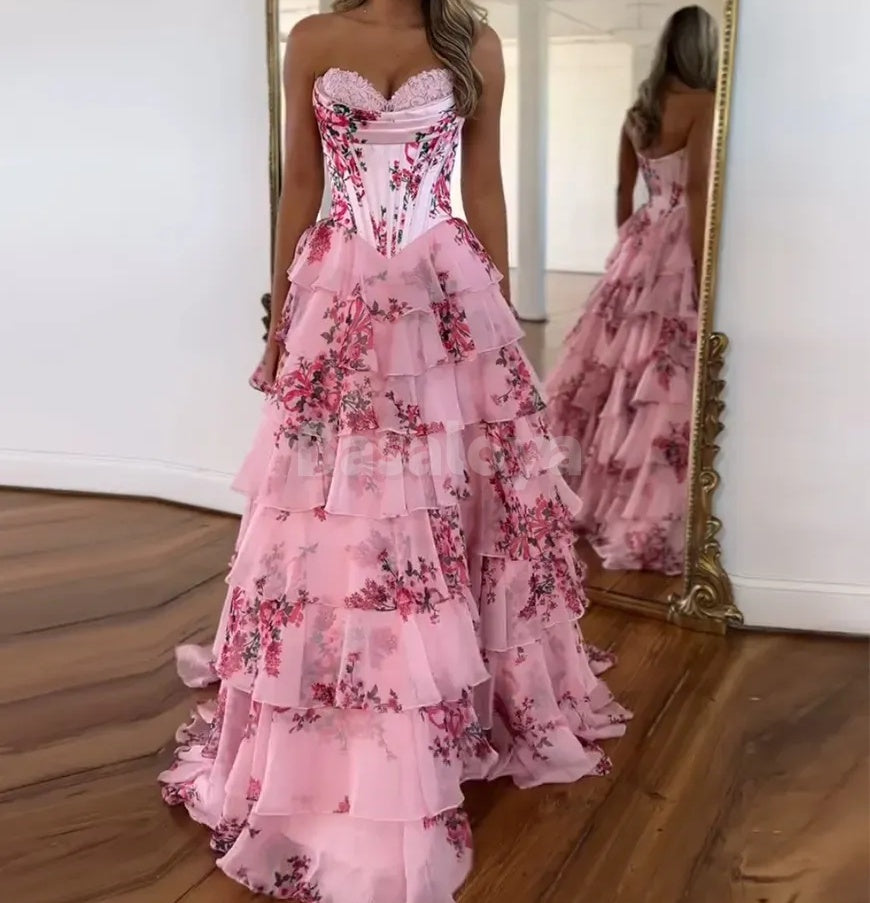 SP0079 Elegant Blue Printed A-Line Tiered Ball Gown Prom Dress with Slit