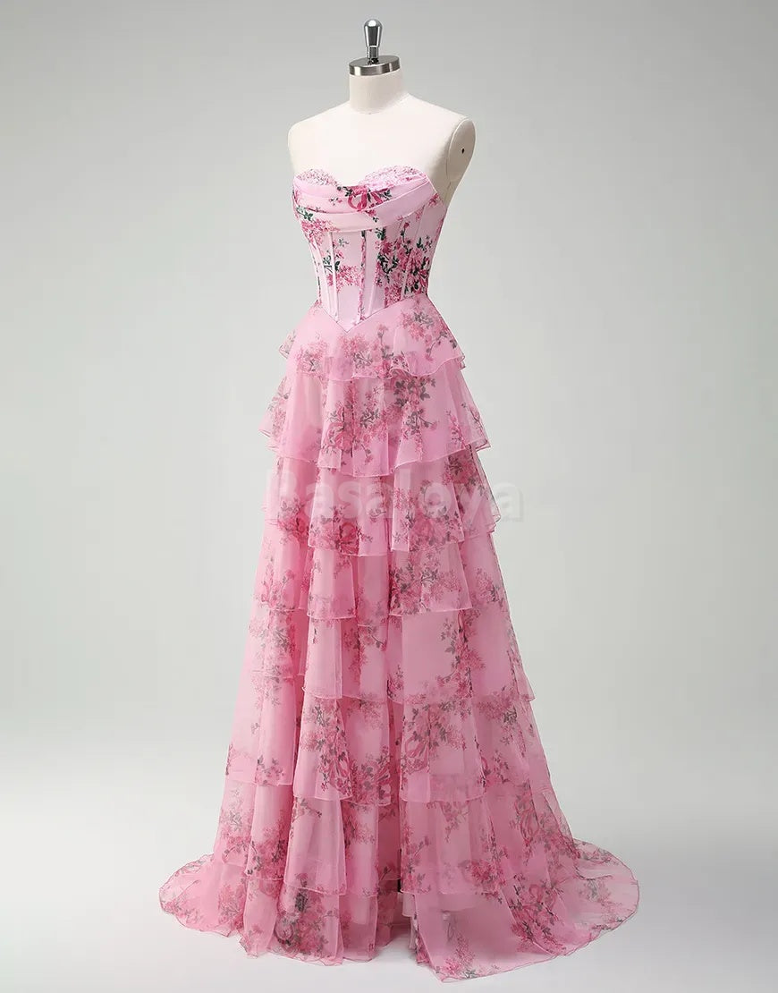 SP0079 Elegant Blue Printed A-Line Tiered Ball Gown Prom Dress with Slit