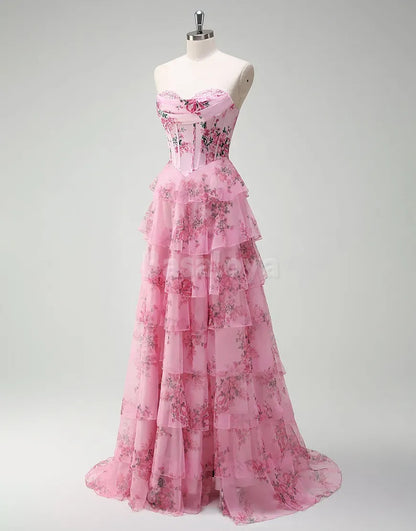 SP0079 Elegant Blue Printed A-Line Tiered Ball Gown Prom Dress with Slit