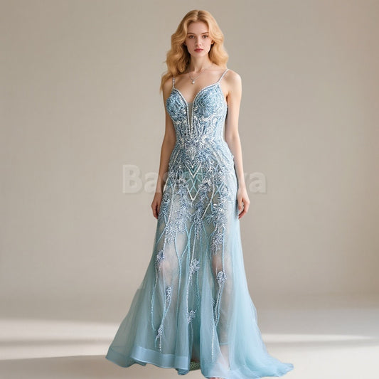 ED0037 Graceful Lake Blue Spaghetti Straps Mermaid Embroidery Evening Gown