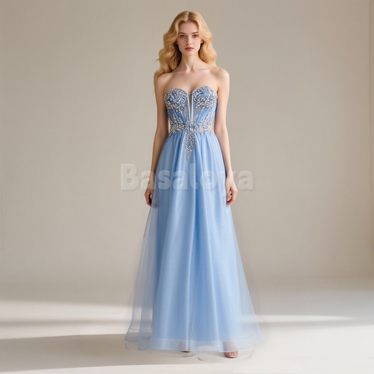 ED0038 Elegant Blue Sweetheart A-Line Beaded Long Evening Dress