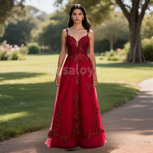 ED0040 Sparkly Burgundy A-Line Sequined Lace Appliques Evening Gown