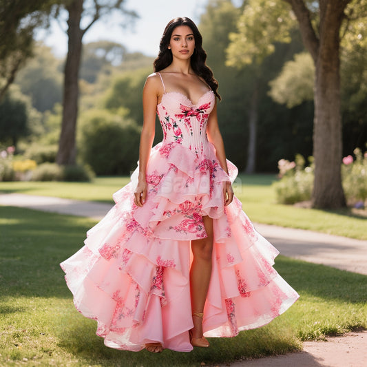 SP0041 Elegant Pink Printed Sweetheart A-Line Tiered Lace Prom Formal Gown