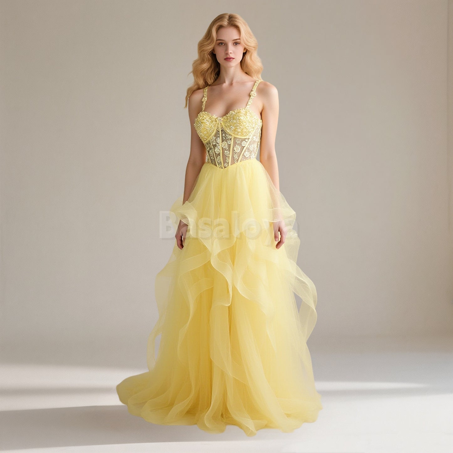 SP0042 Elegant 3D Floral Yellow Sweetheart A-Line Tiered Lace Prom Dress