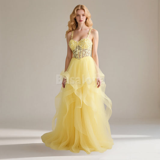 SP0042 Elegant 3D Floral Yellow Sweetheart A-Line Tiered Lace Prom Dress