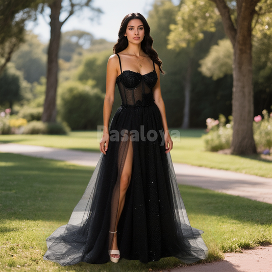 SP0045 Elegant Black Sweetheart A-Line Glitter Knit Prom Dress with Slit