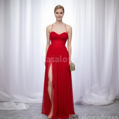 SP0048 Elegant Red Spaghetti Straps A-Line Prom Dress with Slit Party Gown