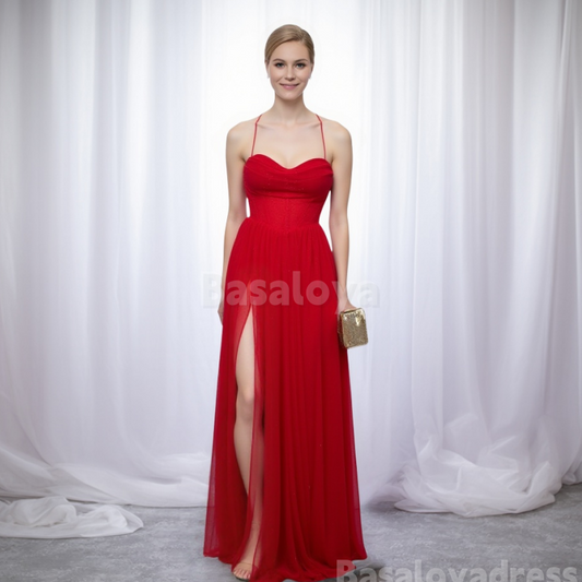 SP0048 Elegant Red Spaghetti Straps A-Line Prom Dress with Slit Party Gown