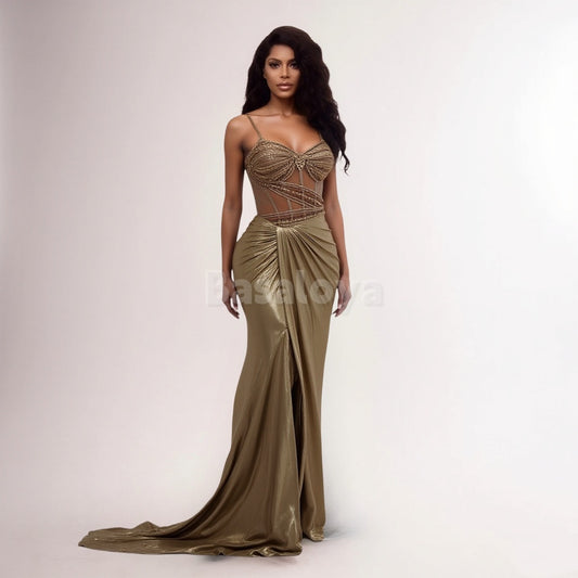 SP0046 Chic Champagne Beaded Spaghetti Straps Metallic Prom Dress with Slit