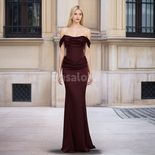 SP0052 Classic Cabernet Off Shoulder Mermaid Satin Formal Prom Dress