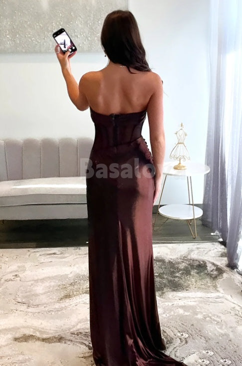 SP0055 Elegant Tube Top Sheath Pleated Satin Prom Formal Dress with Slit