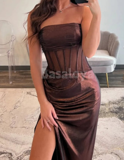 SP0055 Elegant Tube Top Sheath Pleated Satin Prom Formal Dress with Slit