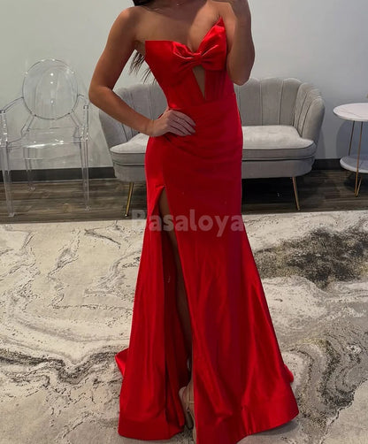 SP0056 Sexy Red Bow Strapless Mermaid Satin Prom Dress with Slit