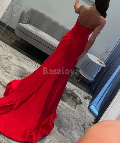 SP0056 Sexy Red Bow Strapless Mermaid Satin Prom Dress with Slit
