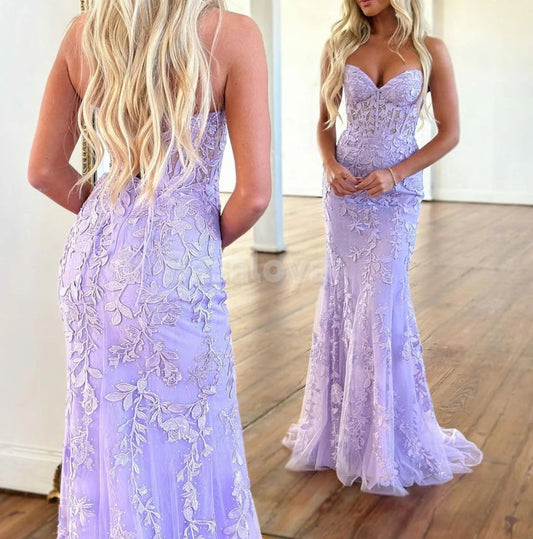 SP0058 Elegant Lilac Sweetheart Mermaid Lace Appliques Prom Dress