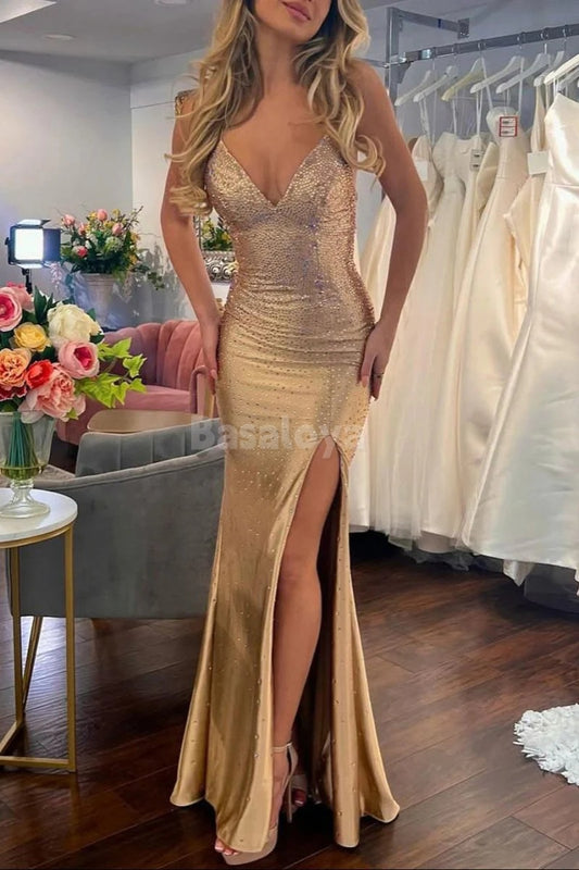 SP0060 Stunning Champagne Beaded Sweetheart Mermaid Prom Dress with Slit