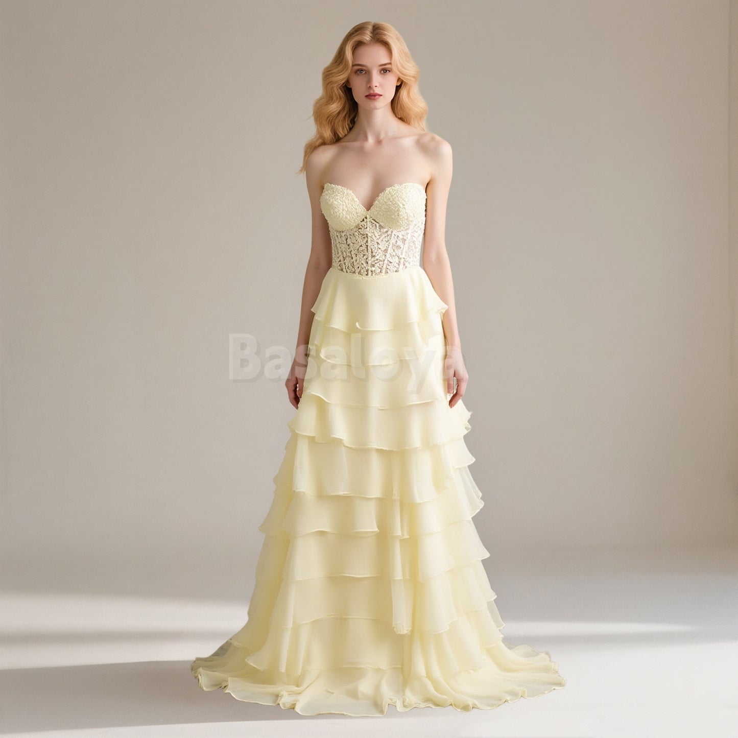SP0066 Graceful Yellow A-Line Sweetheart Tiered Prom Dress with Appliques