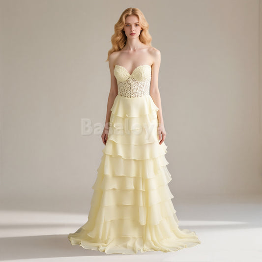 SP0066 Graceful Yellow A-Line Sweetheart Tiered Prom Dress with Appliques