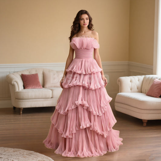 SP0069 Glamorous Pink Tube Top A-Line Tiered Lace Prom Dress Evening Gown
