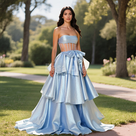 SP0070 Graceful Blue Strapless A-Line Tiered Ball Gown Prom Dress with Bow
